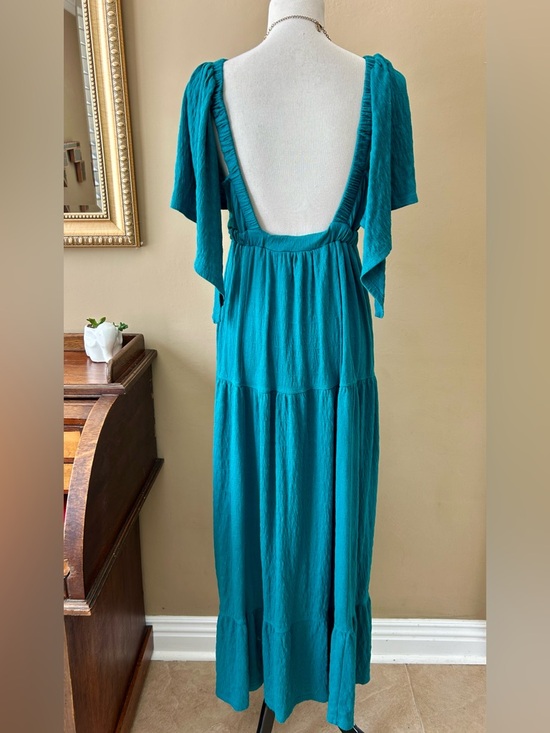 Free People Beach La La Maxi Dress Tiered Flutter Sleeve Teal Blue Green Size S - Picture 8 of 13